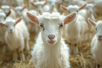 Obraz premium Serene Goat Gathering: A Pastoral Symphony in Fur. Concept Animal Portraits, Nature Photography, Farm Animals, Rural Scenes, Wildlife Interaction