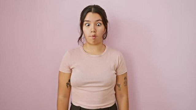 Crazy fun, young, beautiful hispanic woman making comical fish face, squinting eyes. strikes a silly pose over pink isolated background, channeling mad joy through a playful gesture