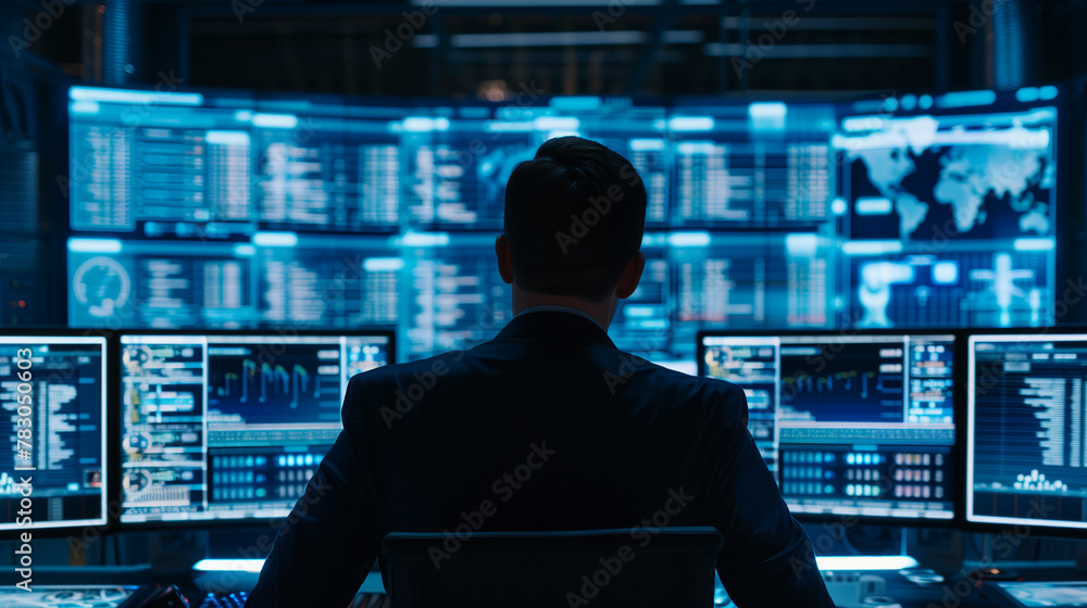 Poster a man in a suit is looking at a computer screen with a world map on it.