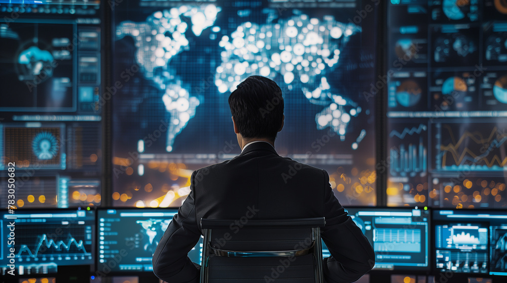 Poster a man in a suit is looking at a computer screen with a world map on it.