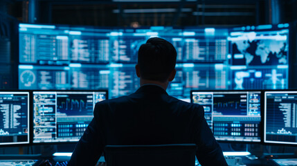 A man in a suit is looking at a computer screen with a world map on it.