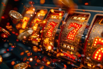 Fototapeta na wymiar An engaging image capturing the spinning reels of a slot machine with bright lights, showcasing BAR and 7 symbols amidst a casino setting