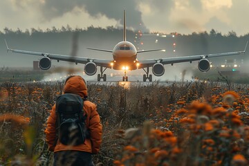 A figure stands amidst autumn blooms watching an aircraft prepare for takeoff against a setting sun, evoking a sense of travel and change - obrazy, fototapety, plakaty