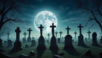 A chilling moonlit scene in a cemetery, with crosses and tombstones casting long shadows, creating a somber yet captivating ambiance. AI Generation - obrazy, fototapety, plakaty