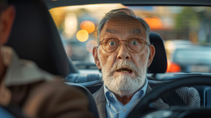 A old man with a surprised expression is sitting in a car with another man. old person in the backseat with the driver driving crazy. The old person looks nervous