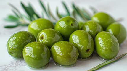 Green olives with leaves isolated on a white background with full depth of field. - obrazy, fototapety, plakaty