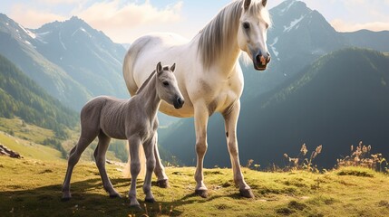 Beautiful white mare with her foal in the autumn forest - obrazy, fototapety, plakaty