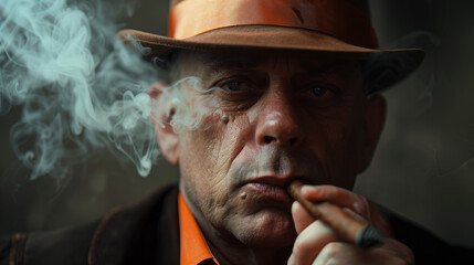 A man in a hat smokes a cigar. The man is wearing a brown hat and a brown shirt. He is smoking a cigar and he is in a contemplative mood. mugshot of an italian mobster smoking a cigar