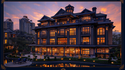 Luxurious mansion at twilight with illuminated windows, featuring a serene pool and elegant outdoor seating, set against a backdrop of residential high-rises. - obrazy, fototapety, plakaty