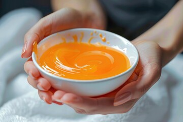 Hot Paraffin Wax Hand Treatment for Female. Spa Therapy and Skin Care Concept with Bowl of Melted Wax and Palm