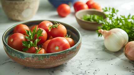 Cherry tomatoes with parsley in a bowl on a marble table