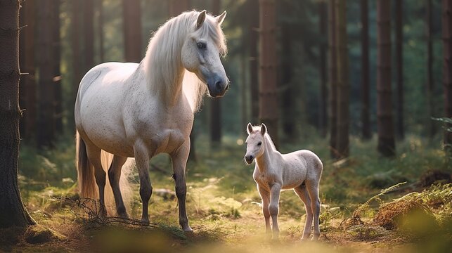 Beautiful white mare with her foal in the autumn forest