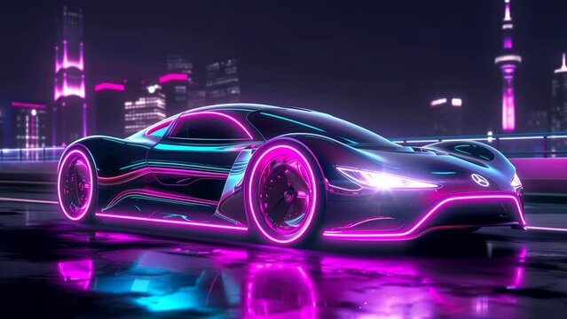 Fantasy of a modern electric car with city night background. seamless looping 4k time-lapse animation video background