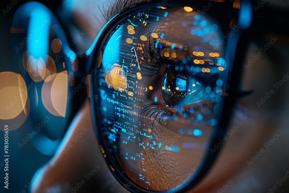 Poster a focused shot through a pair of eyeglasses showing reflections of digital code representing the int