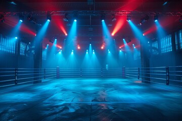 An empty boxing ring lit with vibrant blue and red lights in an indoor gym setting with no people