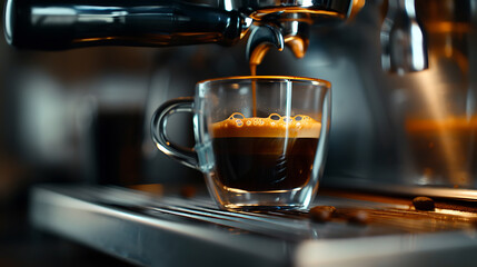 Espresso machine pouring coffee in a cup, close-up