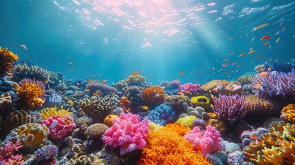 Coral Kaleidoscope. Wide Angle View of Colorful Coral Reefs Captured Beneath the Ocean's Surface.