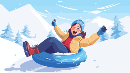 Excited girl sledging downhill. Woman riding on sno