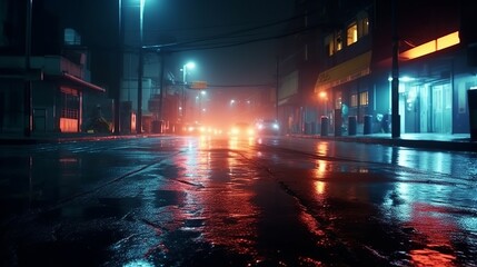 Night city street in a foggy day with wet pavement and cars