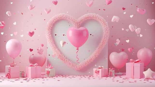 On a pink background, a 3D illustration of MOM balloons floating inside a heart-shaped frame with gift boxes and confetti depicts Mother's Day.