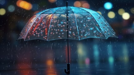 Rainy weather concept with umbrella and blurred city lights in background.