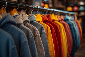 Obraz premium A commercial clothing rack filled with vibrant and neatly arranged hoodies, offering a variety of choices for shoppers