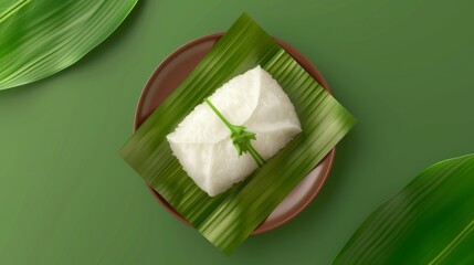 A 3D wrapped Chinese sticky rice dumpling viewed from above. Duanwu Festival elements isolated on green.