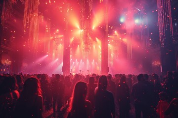 A lively crowd immersed in a mesmerizing live concert experience with vibrant red stage lighting