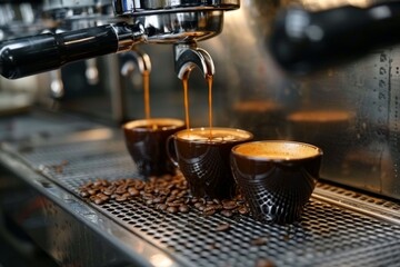 Multiple shots of espresso being extracted into cups among coffee beans on an espresso machine tray - obrazy, fototapety, plakaty
