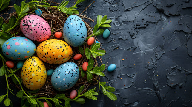Colorful speckled Easter eggs nestled in a nest with greenery on a dark textured background. Vibrant spring holiday concept with copy space.