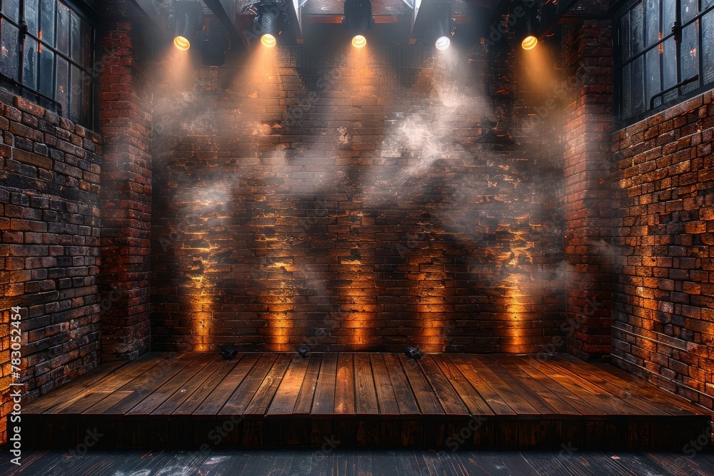 Poster an empty stage with a dramatic atmosphere created by intense lighting and smoke effects, suggesting 