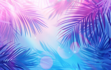 Fototapeta na wymiar Bright Blue and Pastel Pink Tropical Palm Leaves with Sun Rays