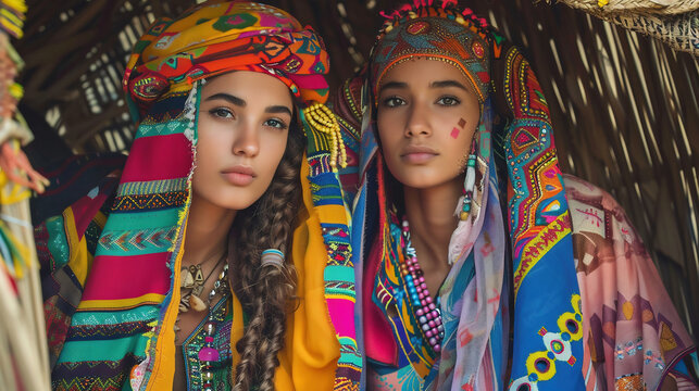 portrait of a two young Amazigh women, colourful clothing, beautiful traditional asia
