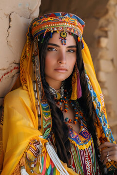 portrait of a young Amazigh woman, colourful clothing, beautiful , wall in background
