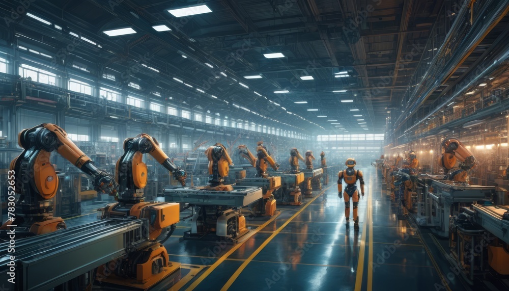 Poster a humanoid robot strides confidently down an aisle flanked by industrial robots on an advanced assem