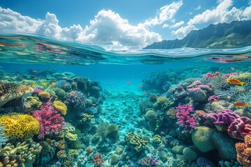 Clear blue waters reveal a rich coral garden teeming with marine life, captured with a split ocean surface view