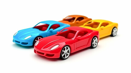 Fototapeta premium Collection of colourful toy cars isolated on white background. 