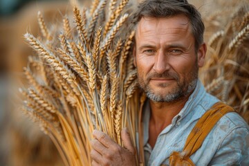Middle-aged farmer holding wheat sheaves, portraying agricultural pride and contentment