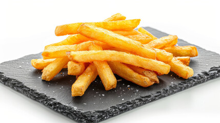 Crisp steakhouse style French Fries with pepper and salt, on slate plate, isolated on white background.