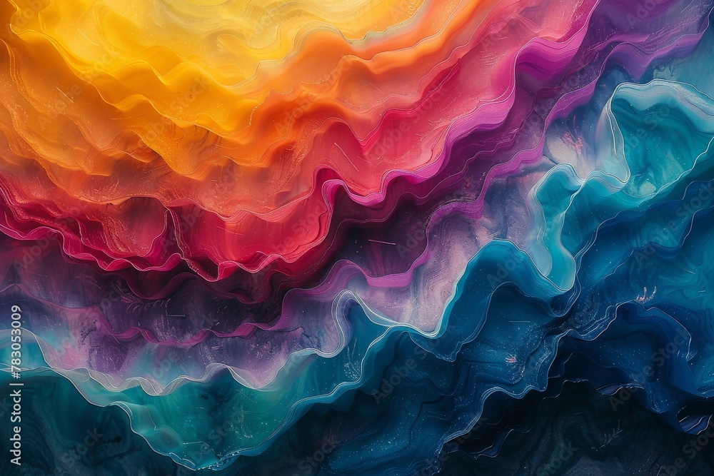 Poster this image features a fluid, dynamic composition of vibrant, wave-like patterns in brilliant hues re