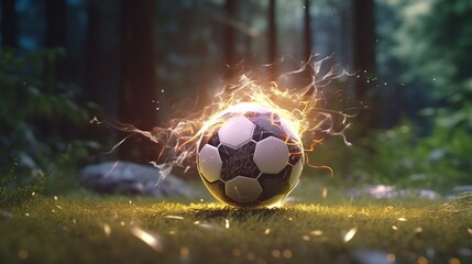 Soccer ball with sparks flying high in the air. Mixed media
