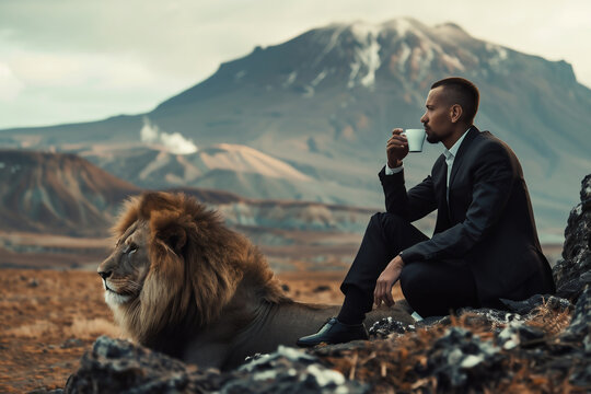 businessman drinking coffee, lion sitting next to him mountains background