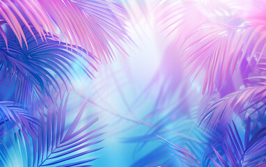 Bright Blue and Pastel Pink Tropical Palm Leaves with Sun Rays