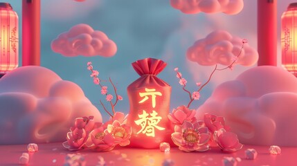 Chinese New Year background with glowing lucky bags and blessing text on them. Backdrop decorated with cloud shapes.
