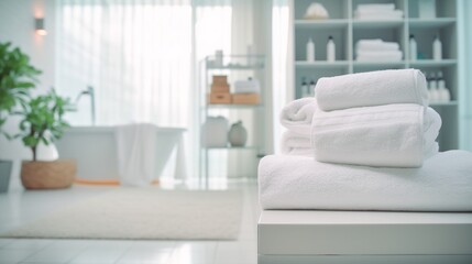White towels on the bed in the hotel room, soft focus background
