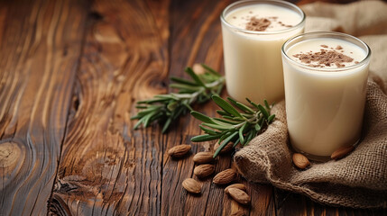 Two glasses of almond milk on a rustic wooden table with whole almonds and a sprig of green leaves, with a warm, soft-focus background.