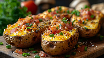 Delicious baked potatoes topped with melted cheese, diced tomatoes, and fresh chives on a wooden table, garnished with a sprinkle of salt and pepper. - 783053492