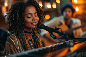A young African American female pianist smiles as she plays, with a band member in soft focus in the background