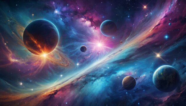 An awe-inspiring digital representation of a cosmic scene with vibrant planets, stars, and nebulae, perfect for backgrounds and space-themed design projects.. AI Generation