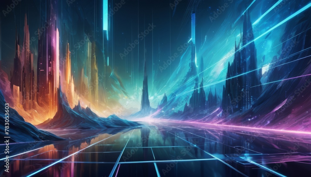 Poster a futuristic neon landscape portraying a digital world with high-tech vibes and a sense of deep spac